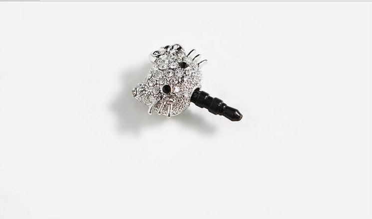 Cute crystal iPhone Plug . Phone Charm . silver cat  KT Phone Plug . Dust Plug  Phone Decoration, Cat, Kawaii, Lovely, Girly