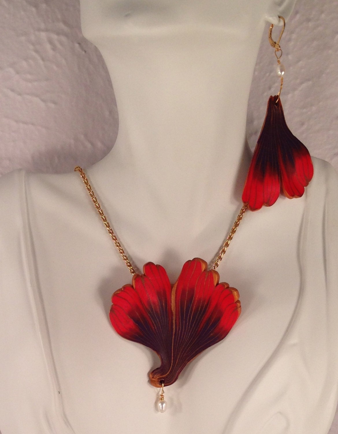 Gingko Pendant and Earrings. Polymer Clay. Freshwater Pearls. Scarlet Red and Purple. Metallic Gold . Handcrafted.