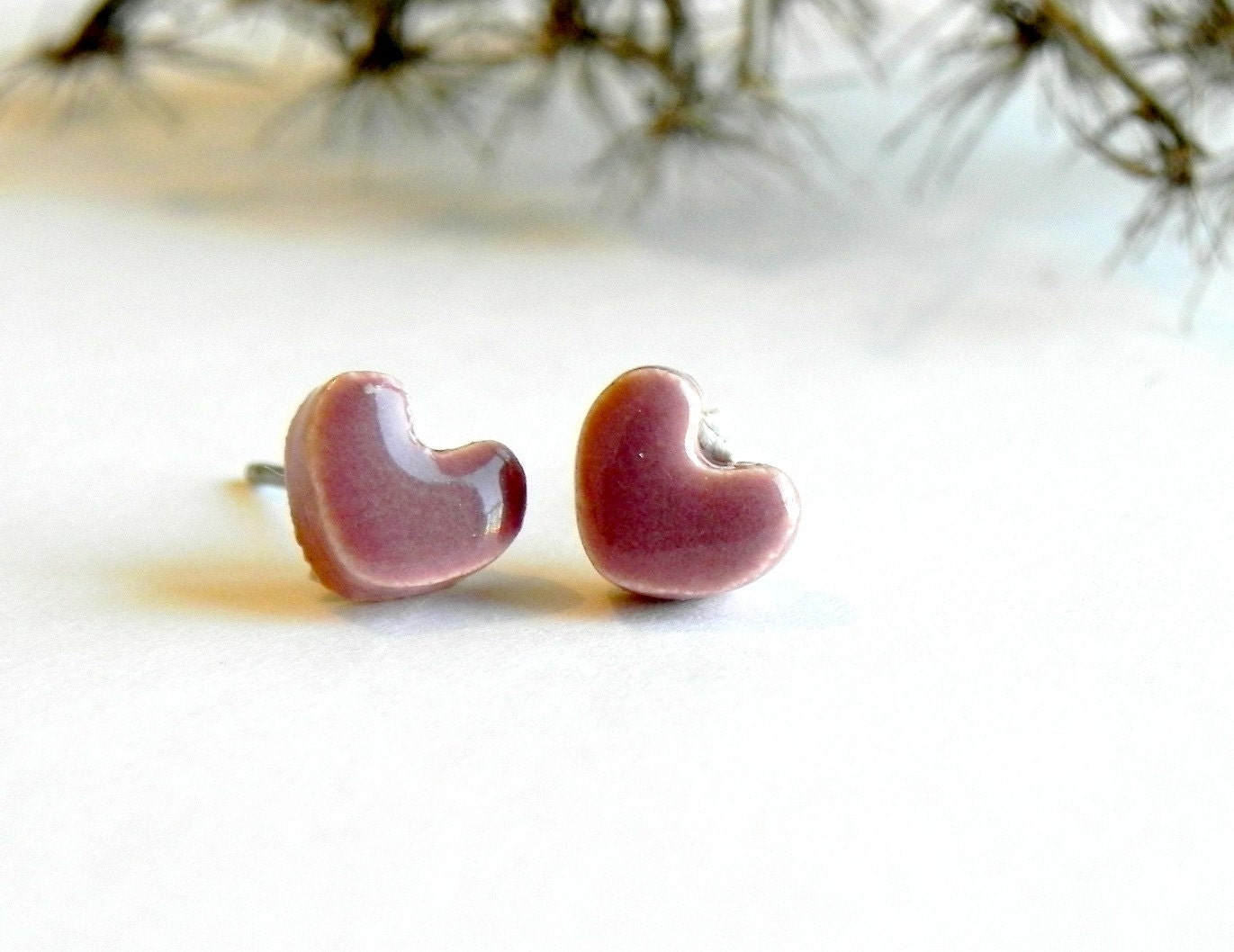 Ceramic Tiny Heart Post Earrings Mauve Pink Hypoallergenic Studs - LemoneRouge