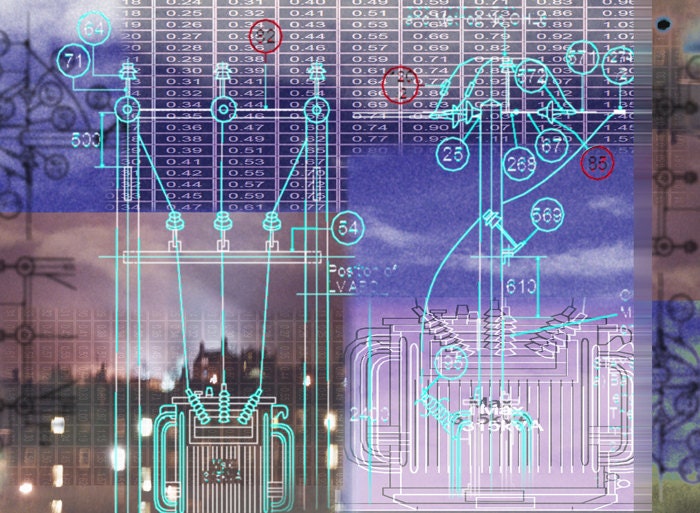 Collage, mixed media art, digital print, hand colored, abstract,  numbers, lines 16 x 12  - Electricity