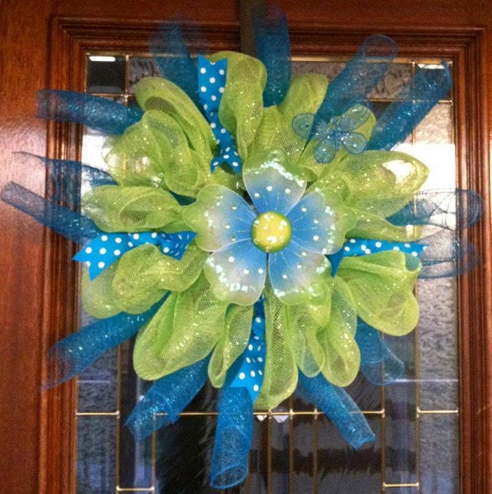 Blue and Lime Green Flower Deco Mesh Wreath