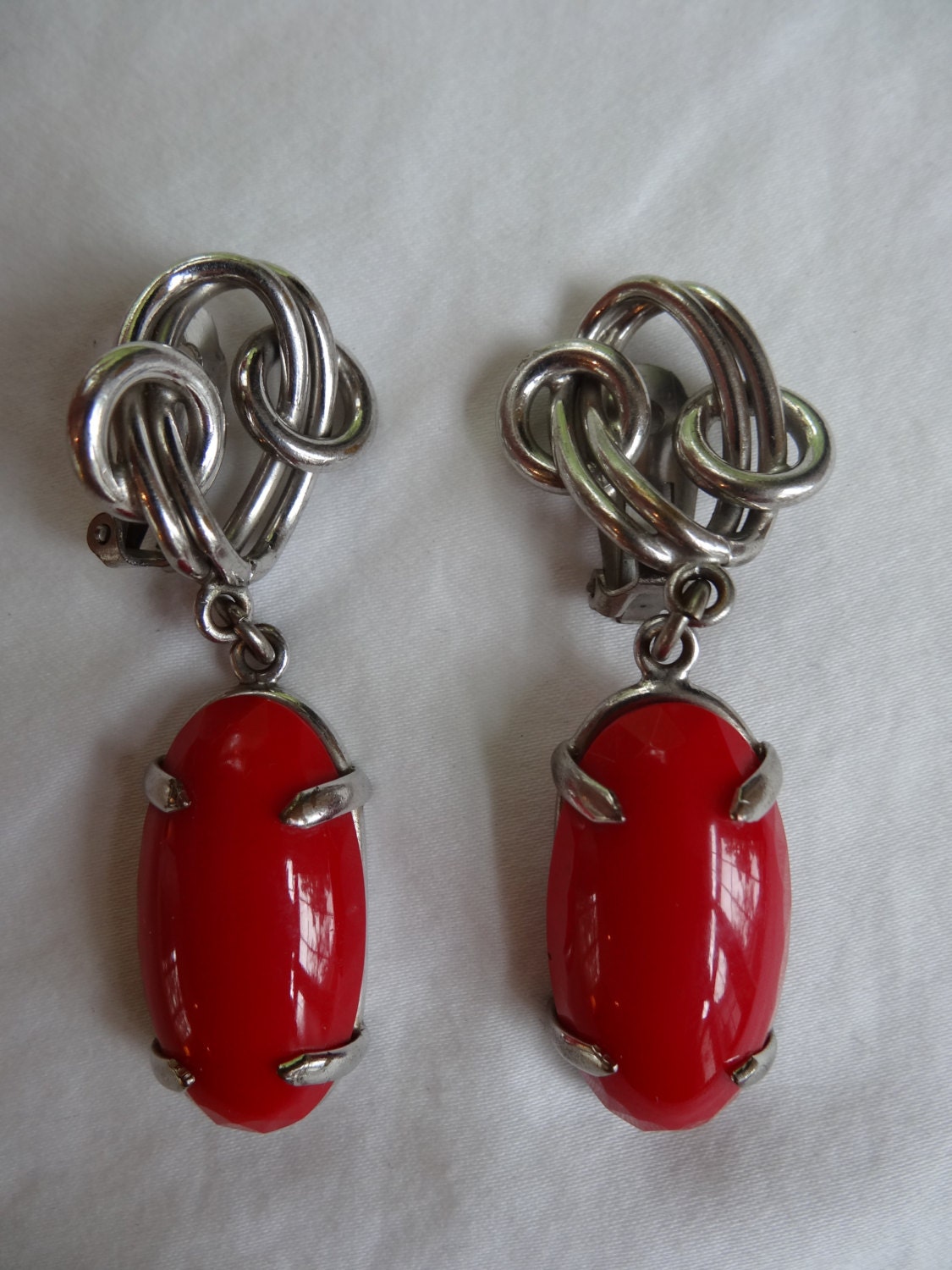 Old Large Red Glass and Metal Drop Clip Earrings by Bergere - 1960's