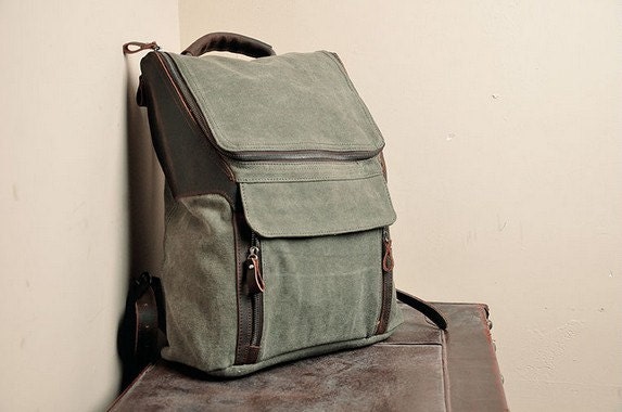 BACKPACK  Genuine Cow Leather Men's leather bag canvas Bag/ leather canvas Briefcase / Messenger bag / Laptop bag  (1333)