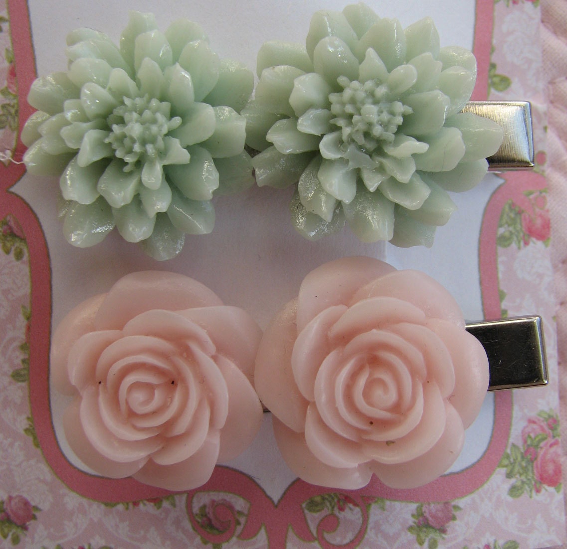 Flower Hair Clips Barretts Pink Roses Mint Green Mums Hair Accessories
