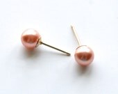Handmade pearl studs, bright peach, pearl earrings, 6mm, Swarovski crystal pearls, post earring, 14k gold filled, Petite Mimi Jewelry