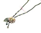 Pink upcycle vintage necklace, recycle, filigree leaf, tulle, pearl beads, vintage style, vintage inspired, romantic jewelry, antique bronze