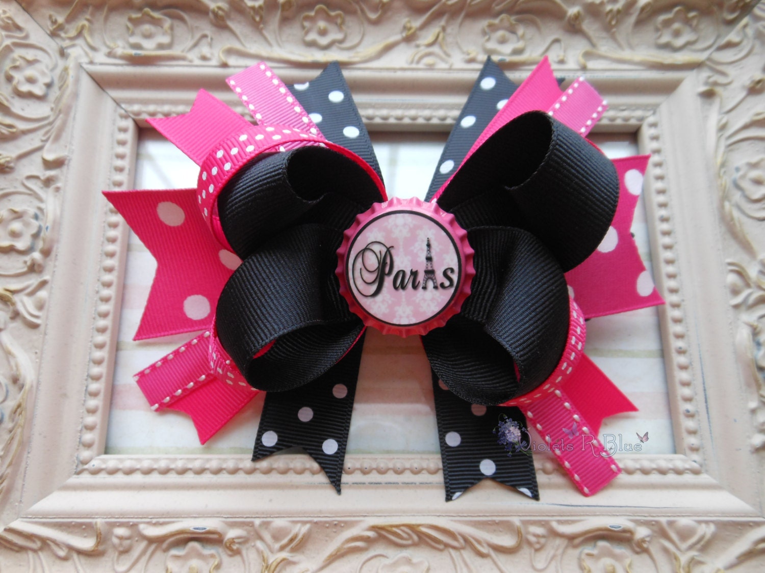 Girls Baby Toddler Handmade POLKADOTS IN PARIS  Boutique Bottle Cap Hair Bow