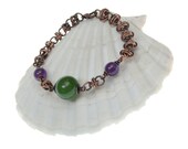 Purple and green bracelet, mothers day gift, gifts for mom, chainmaille jewellery , jade, amethyst, oxidized copper, rustic chain mail