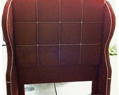 Custom Upholstered Headboard with Tufting and Wingback Design-Shown in Chocolate SenSuede and Taupe Accent Buttons & Piping, Size: Queen