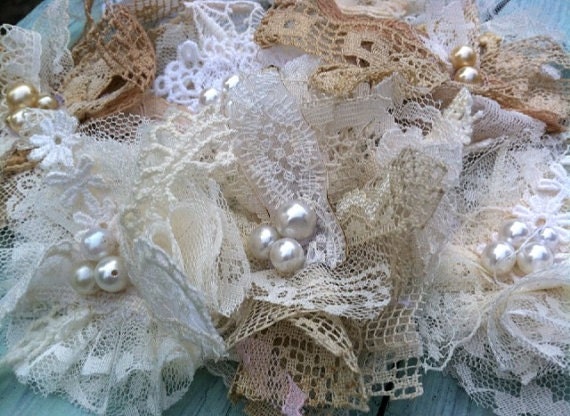 Custom, Handmade, Vintage Lace Fabric Flowers, Set of 6, OOAK, Bridal Hair Flowers, Rustic Wedding Decorations, Shabby Chic Bride