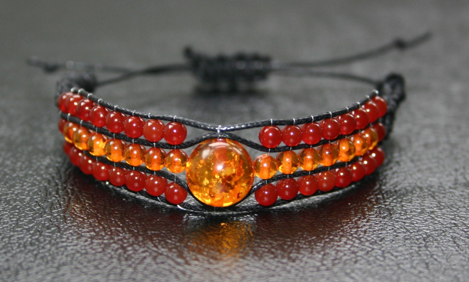 Bracelet Amber and Carnelian handmade 3 strands adjustable gemstone beaded braid knot semiprecious stone