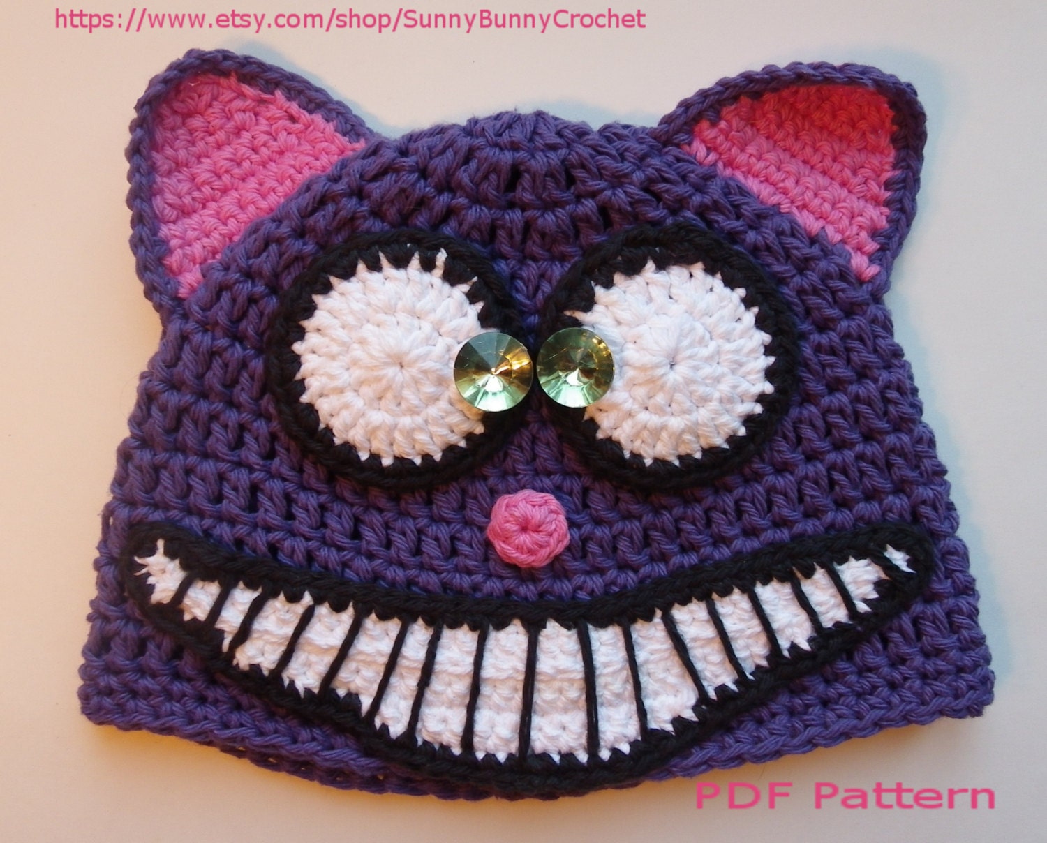 ANIMAL HAT PATTERN, Cat Crochet Beanie, Hat with ears, Tuque, Cheshire Cat, Alice in Wonderland, grin, summer, cotton, child, baby, adult