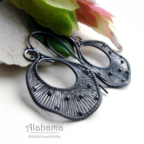 Light waves - beautiful, oxidized sterling silver wire-wrapped earrings - AlabamaStudio