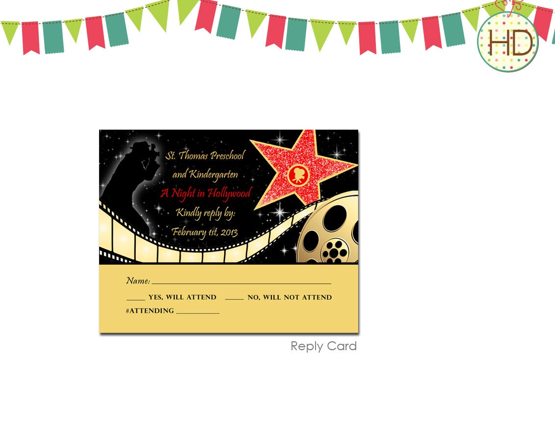 Hollywood Star Reply Card, Movie Film Strip, Red Carpet Invitation, Hollywood Party, Red Carpet Birthday Party, Hollywood Reply Card