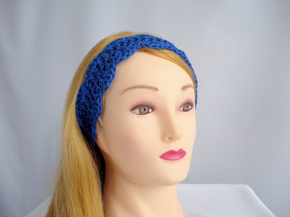 Crochet tie headband hair band Blue wide head band Cotton lace hairband Hippie boho bohemian crocheted Womens Girls accessory Gift