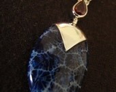 Sterling Silver Oval Dark Blue Fossil Coral and Garnet Pendant