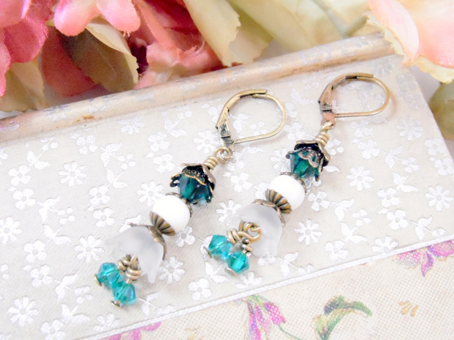Vintage Inspired Earrings Lucite Flower Dangle Pierced White Teal Crystal Leverback Handmade