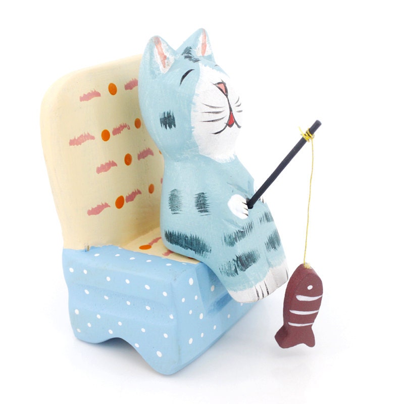 Handmade Woodworking,Wood Carving,Fishing Smiling Cat,Home Decor,Desk Display,Wood Miniature,Doll House