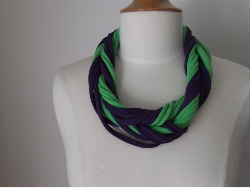 Green Apple,Upcycle Infinity Scarf, Purple T-shirt Long  Necklace, Womens Teens Necklace,Spring Scarf