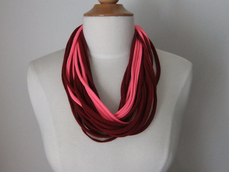 Neon Pink/Deep Red,Upcycle Infinity Scarf, Purple T-shirt Long  Necklace, Womens Teens Necklace,Spring Scarf