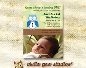 1st First Birthday Party Cute Owl Children Baby Boy or Girl Invitation Card CUSTOM PRINTABLE With PHOTO