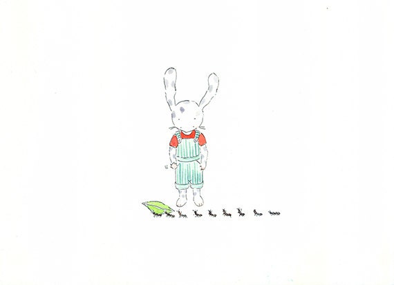 Children's Art  Print - "Hello Ants" - Kid's decor digital print of a rabbit greeting some ants passing by.