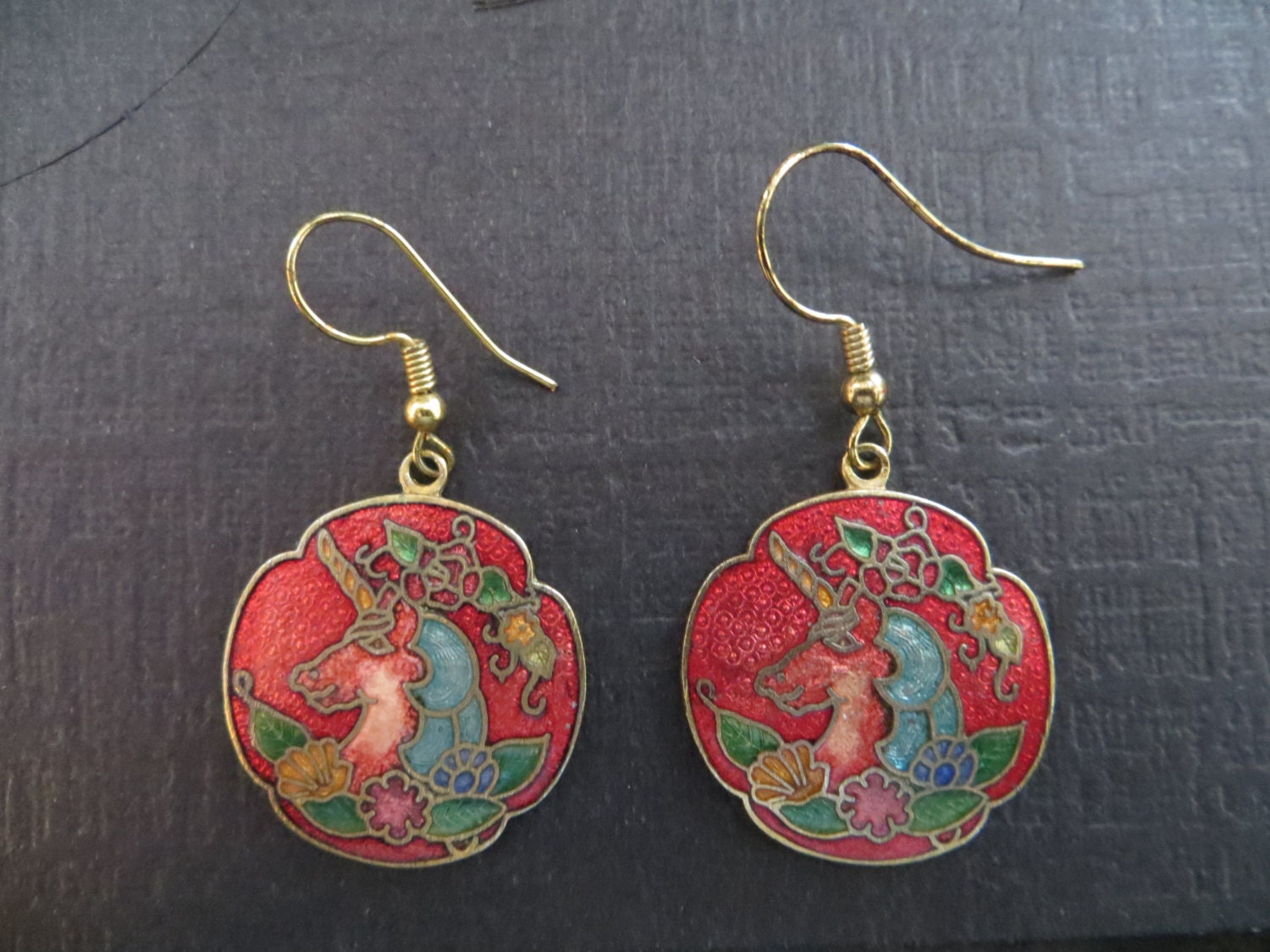 REDUCED Red Cloisonne Unicorn Dangle Earrings With Flowers for Spring Animal Jewelry SALE