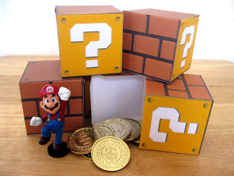 10 Super Mario Question Block Papercraft Party Favor Boxes DIY paper kit (Mystery Block, Prize Block, Mario Bros, candy box, treat box)