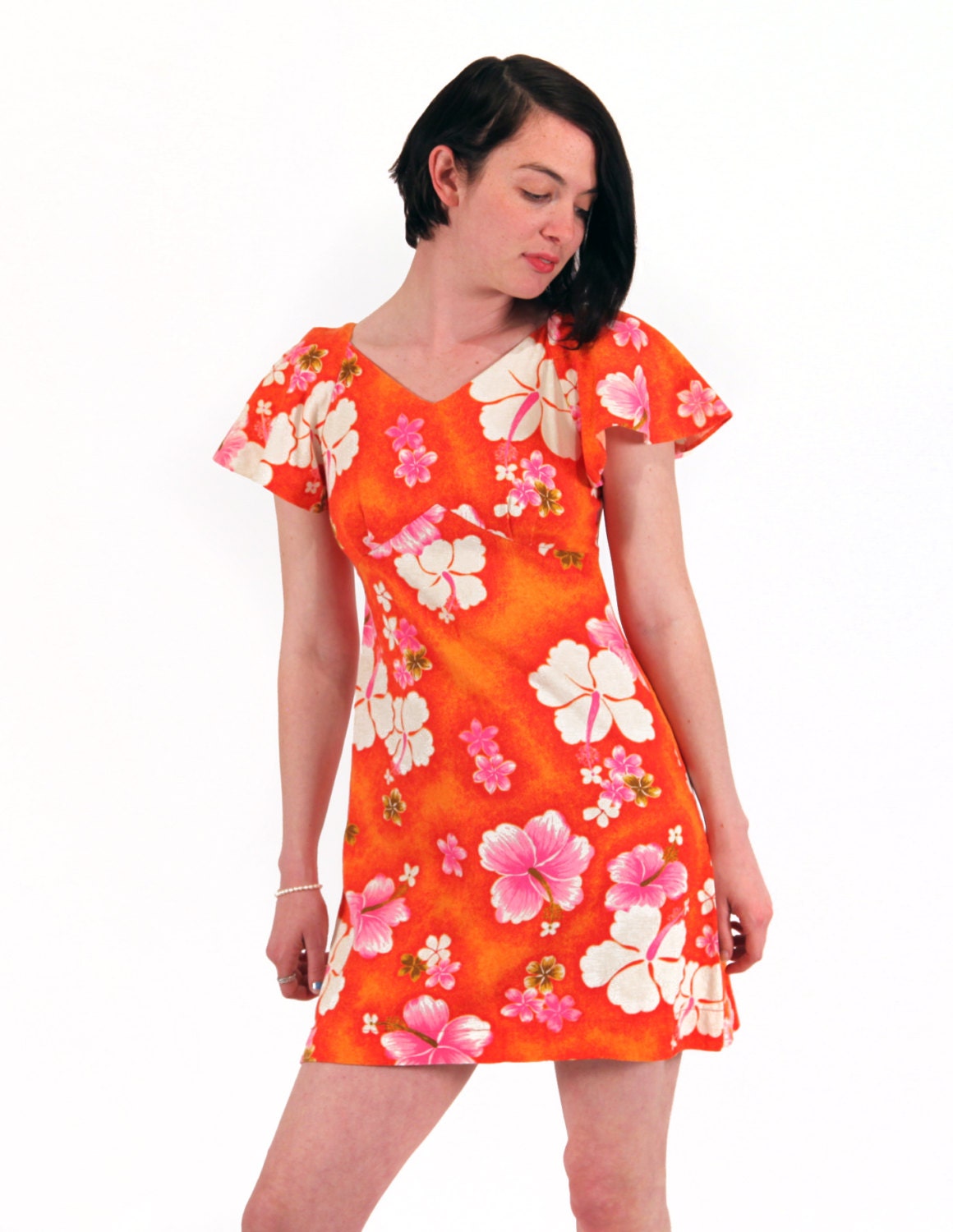 Vintage 1960's Hawaiian Orange Dress with White Hawaii Hibiscus Print by Pomare Surf Beach Party Wear