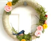 Felt and Yarn Wreath: 14inch "Pink and Yellow Blossoms-Robin and Ladybug " and FREE Micro Wreath