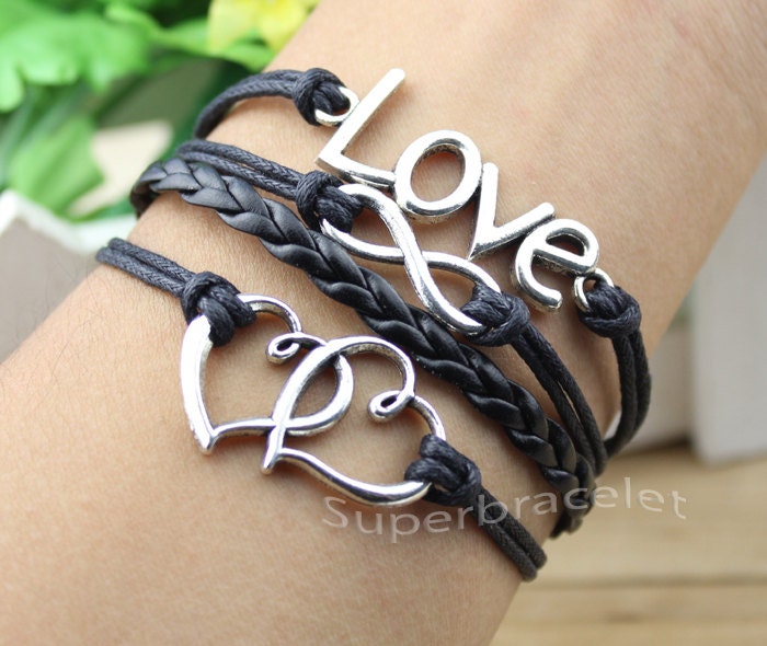 Love bracelet, infinite charm bracelet, double heart bracelet, ancient silver charm bracelet, black leather cord, girlfriend and BFF