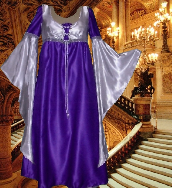 Renaissance Gown SCA Garb Medieval Costume White And Purple Satin 1 Piece Laceup LOTR ButtrflySlvs LXL