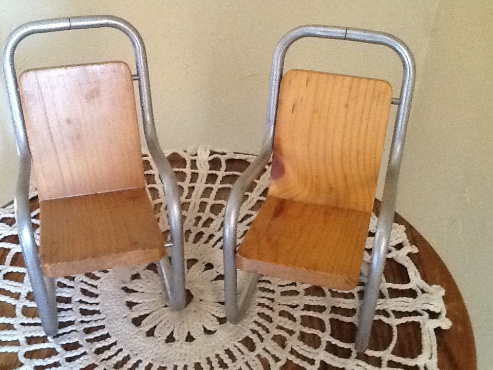 Vintage Unique Pair of Mid Century Modern Miniature Doll Furniture Chairs Wood with Bent Aluminum Frame 5 1/2" X 2 3/4