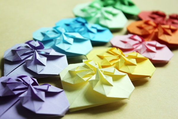 Valentine Symbol of LOVE Origami 3D Paper Hearts Handmade Paper Goods Set of 10 Hand Folded Paper Heart in Rainbow Colors - Mixed Color