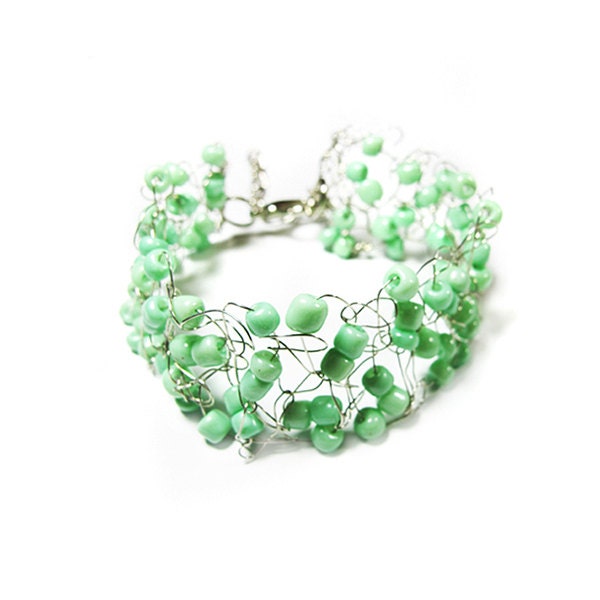 Wire crochet bracelet with mint beads - silver plated wire, cuff, green, womens accessory, wire crochet jewelry, wedding, spring