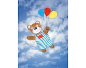 Happy  teddy bear flaying, birthday card, child's drawing, watercolor painting, hand drawn picture, digital file,for download,print,image,A4