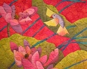 Bird and Flowers, Giclee Print from an original fiber art by Judy Tipton Rush, 4" X 6", reproduction illustration