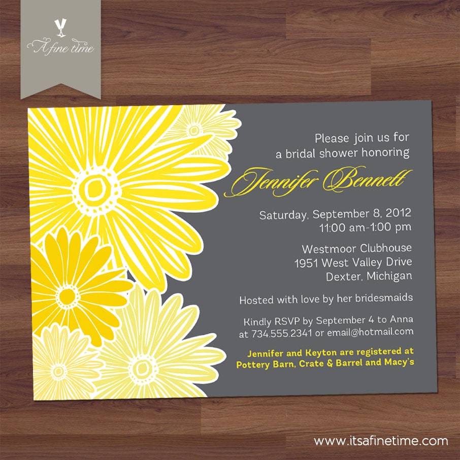 Bridal Shower Invitation -  or Baby  - Daisy Sunflower - Grey, yellow, lemon - flowers, floral (DIY Digital Printable)