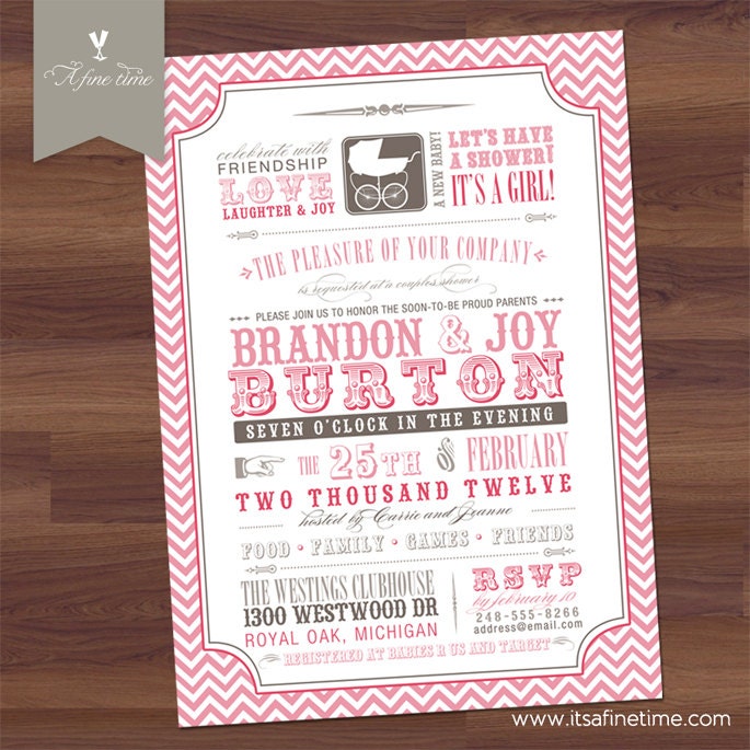 Baby Shower Invitation, Girl - Couples Shower - Vintage, Poster, Typography - Modern Chevron , western, rustic, pink (Printable)