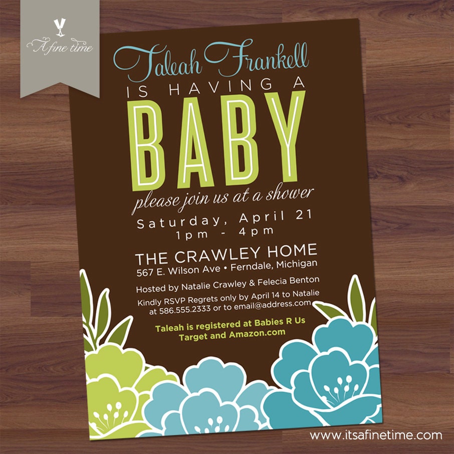 Baby Shower Invitation - Modern Bloom - Floral, brown, teal, green, lime, turquoise - Girl, Boy Twins, Neutral (DIY Digital Printable)