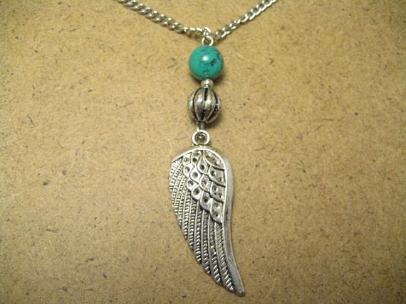 SIlver Angel Wing Necklace with Turquoise Bead Thin Silver Chain