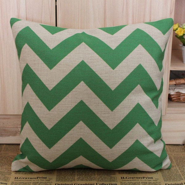 18inch Square Green Chevron Zig Zag Design Linen Pillow Case Cushion Cover
