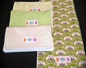 4 Pack Green and White Baby Burp Cloth Set - Flannel Front, Terry Cloth Back - Owl, Stripe, Polka Dot & Criss Cross Patterns