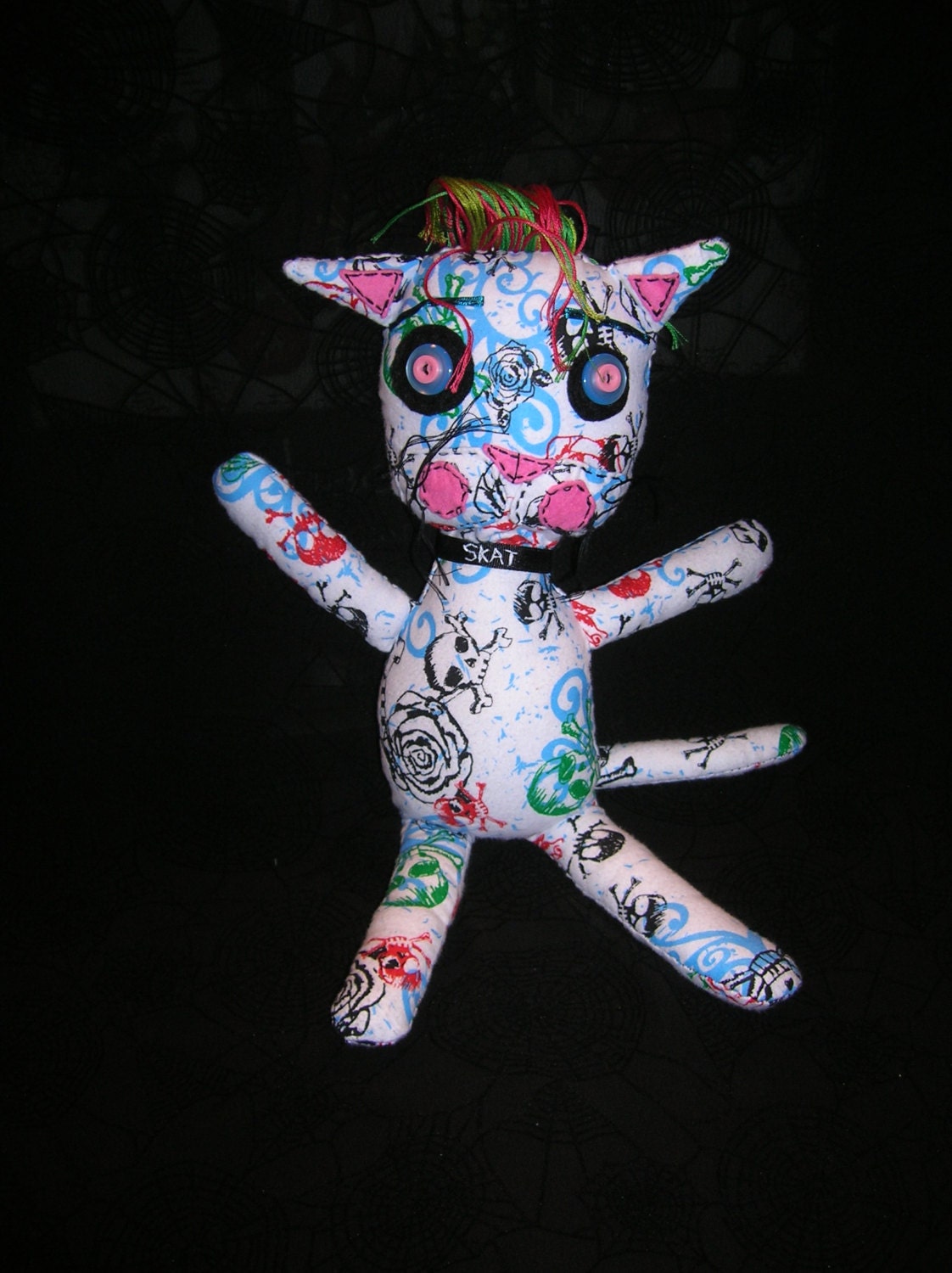 Handmade Punk & Cuddly Skat the Kitty Cat Plush -- Animal Plushies --Goth Spooky