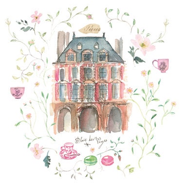 Paris decor, Le Marais Watercolor illustration, square print, 11X11 poster, architectural art, french parisian street view