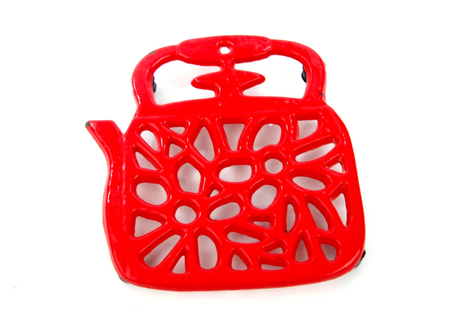 Vintage French Cast Iron Teapot Trivet - Red - 1970's - Wall Decor