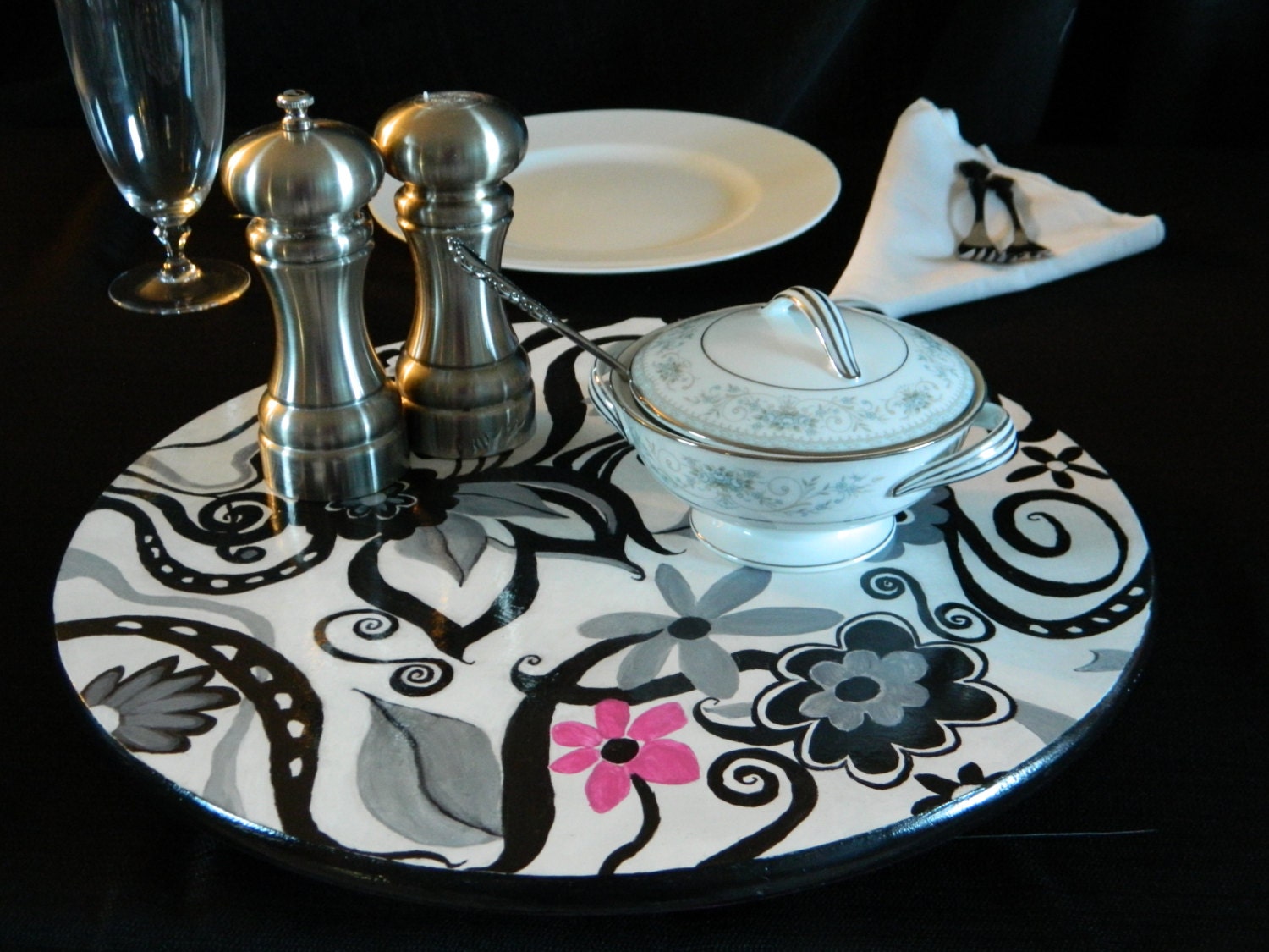 Hand Painted Wood Lazy Susan, "A Day in the Life" Beatles Inspired Art for Your Table, Black, White and a Pop of Pink, Signed By The Artist