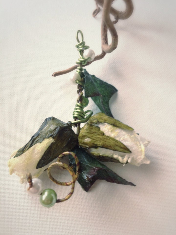 hand made paper fabric flower beaded brooch, elves inspired, leaf - EmeraldsDreams