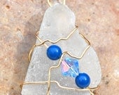 Genuine Maine Clear Sea Glass Pendant Necklace with Blue Swarovski Crystal Bead -  Summer Jewelry