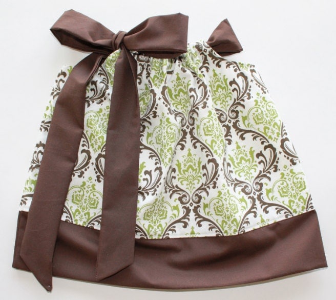 Green and Brown Damask Toddler Pillowcase Dress or Tunic - Available in Sizes 3m - 5t